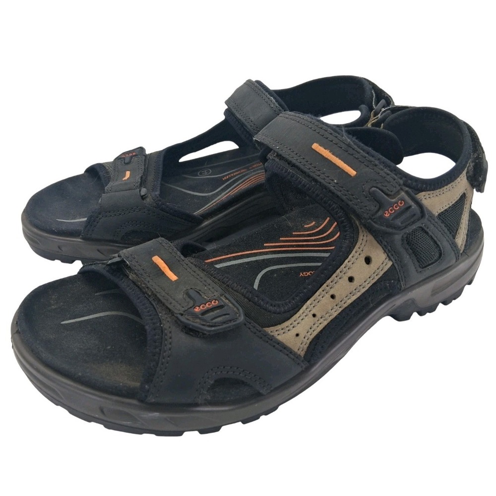 ECCO Sandals Shoes Mens EU 44 US 10.5 Black Leather Receptor Sport Hook & Loop